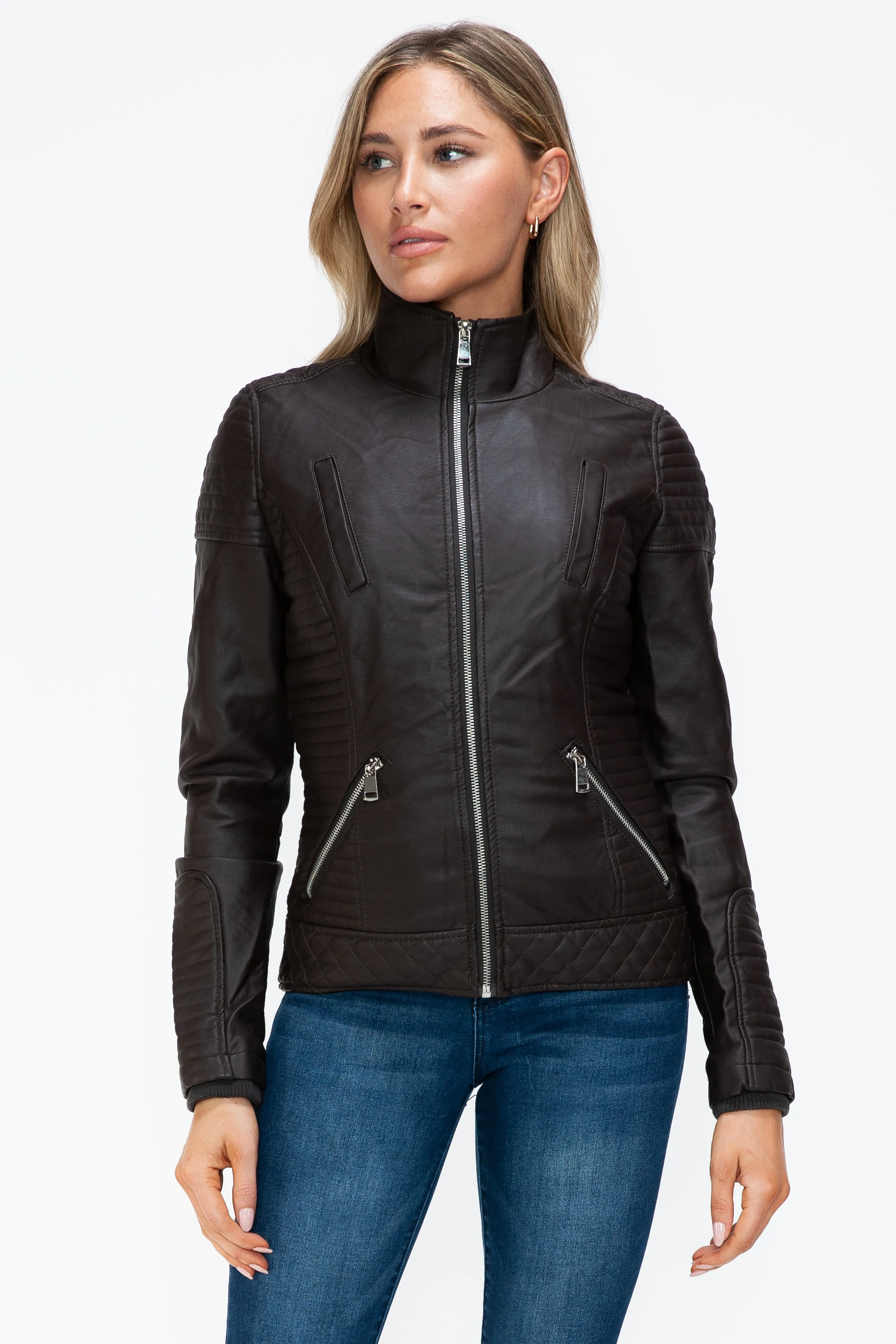 YMI Faux Layered Double-Zipper Faux Leather Jacket with Fuzzy Hood