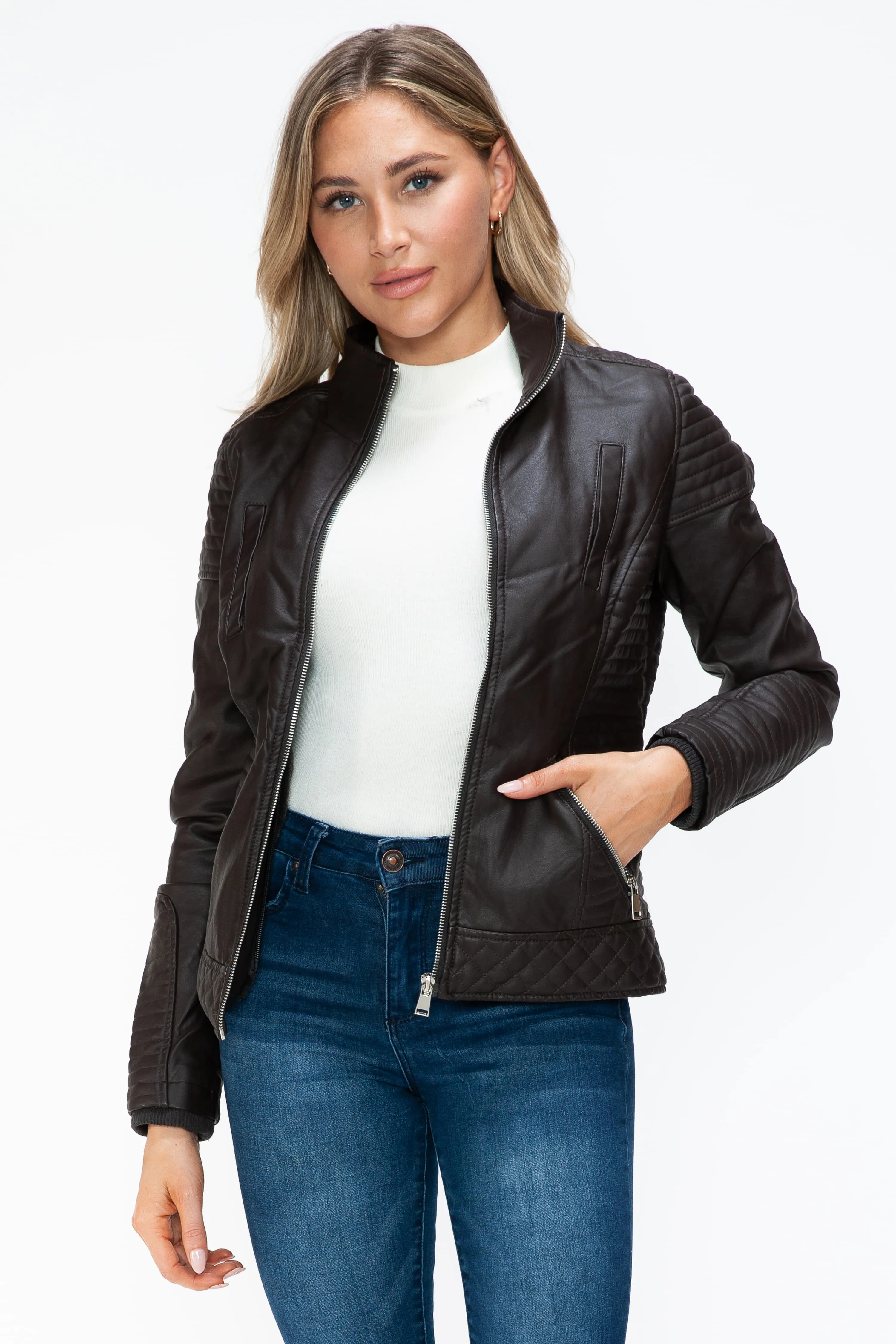 YMI Faux Layered Double-Zipper Faux Leather Jacket with Fuzzy Hood