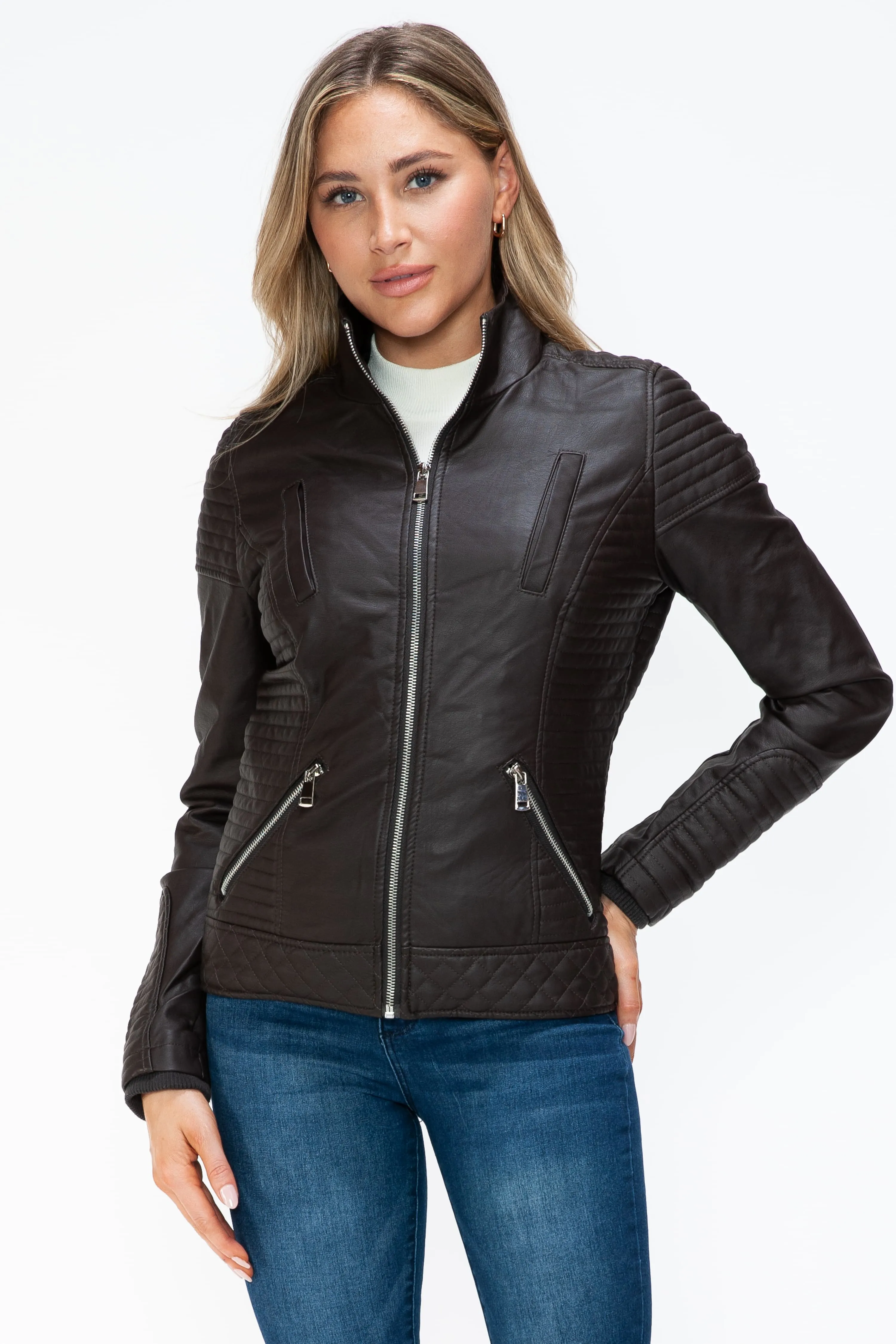 YMI Faux Layered Double-Zipper Faux Leather Jacket with Fuzzy Hood