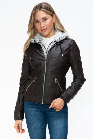 YMI Faux Layered Double-Zipper Faux Leather Jacket with Fuzzy Hood