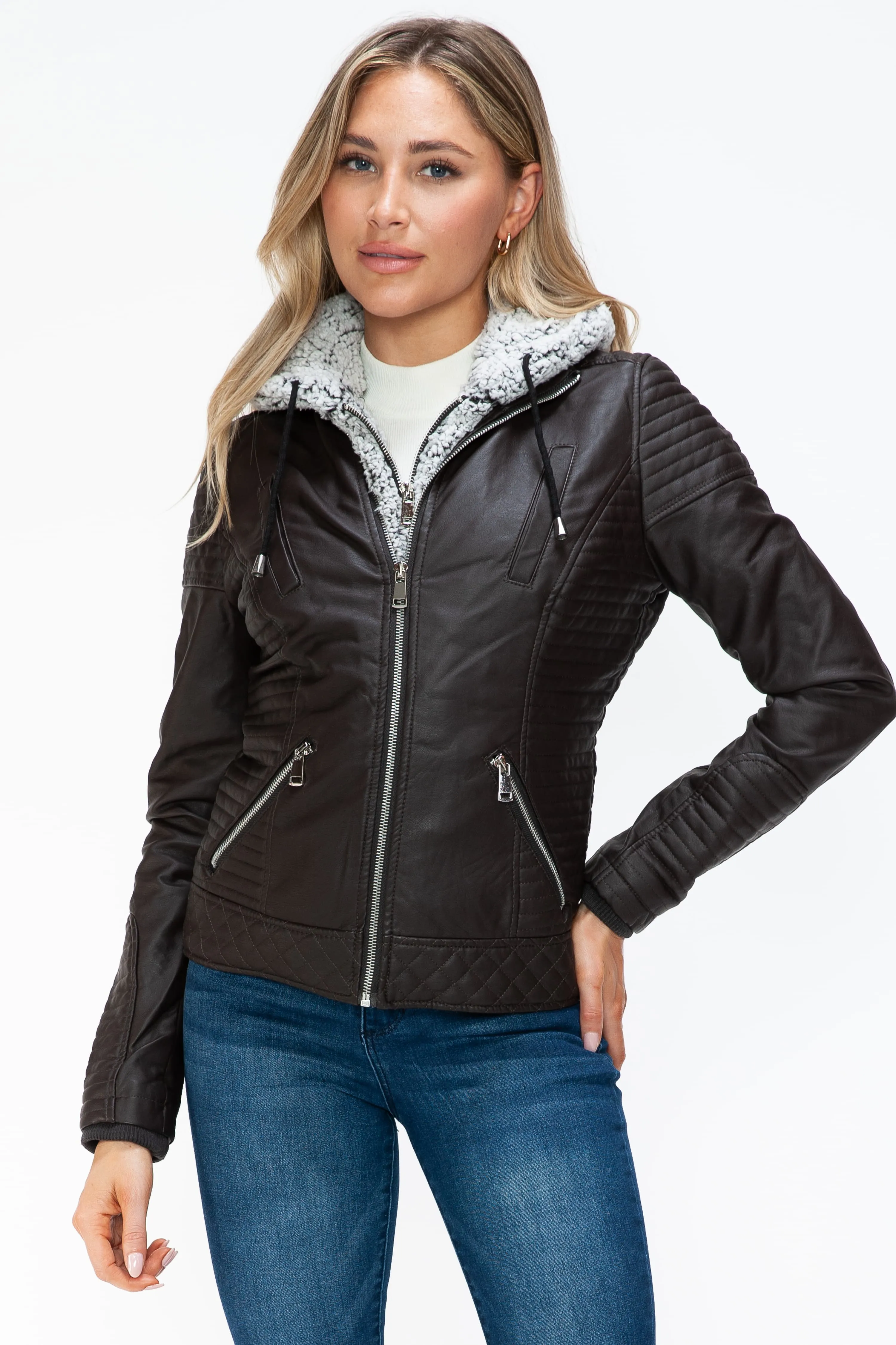 YMI Faux Layered Double-Zipper Faux Leather Jacket with Fuzzy Hood
