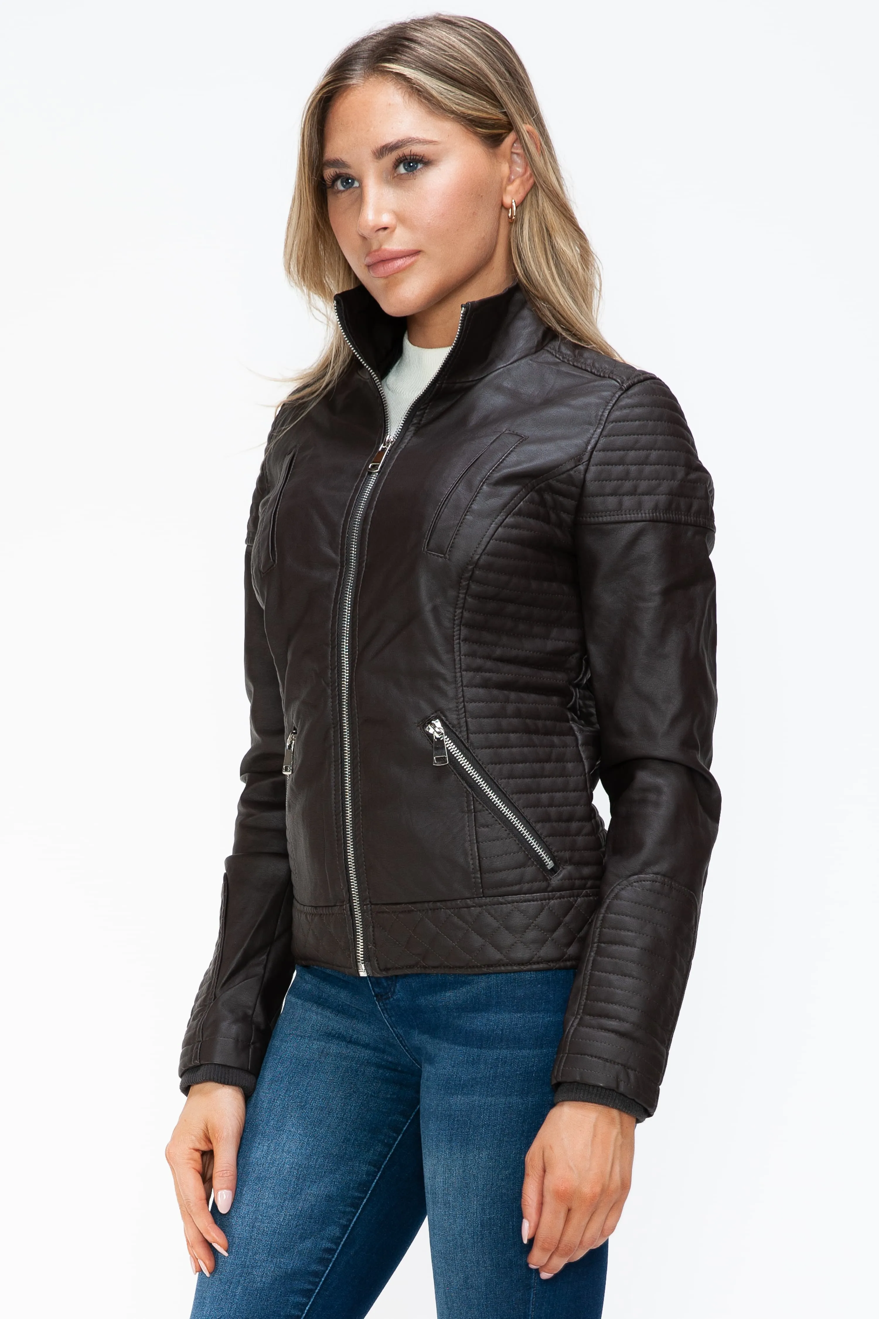 YMI Faux Layered Double-Zipper Faux Leather Jacket with Fuzzy Hood