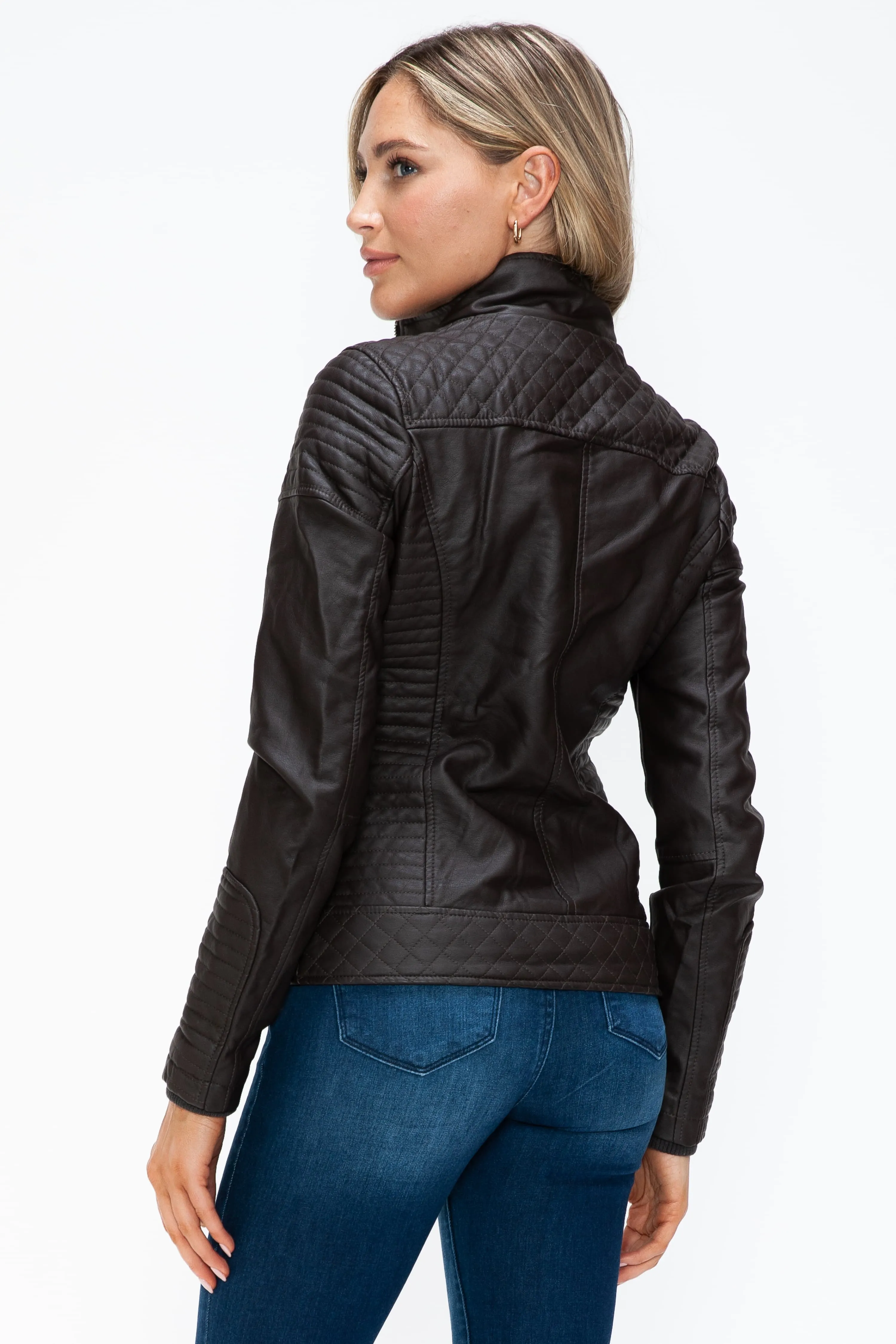 YMI Faux Layered Double-Zipper Faux Leather Jacket with Fuzzy Hood