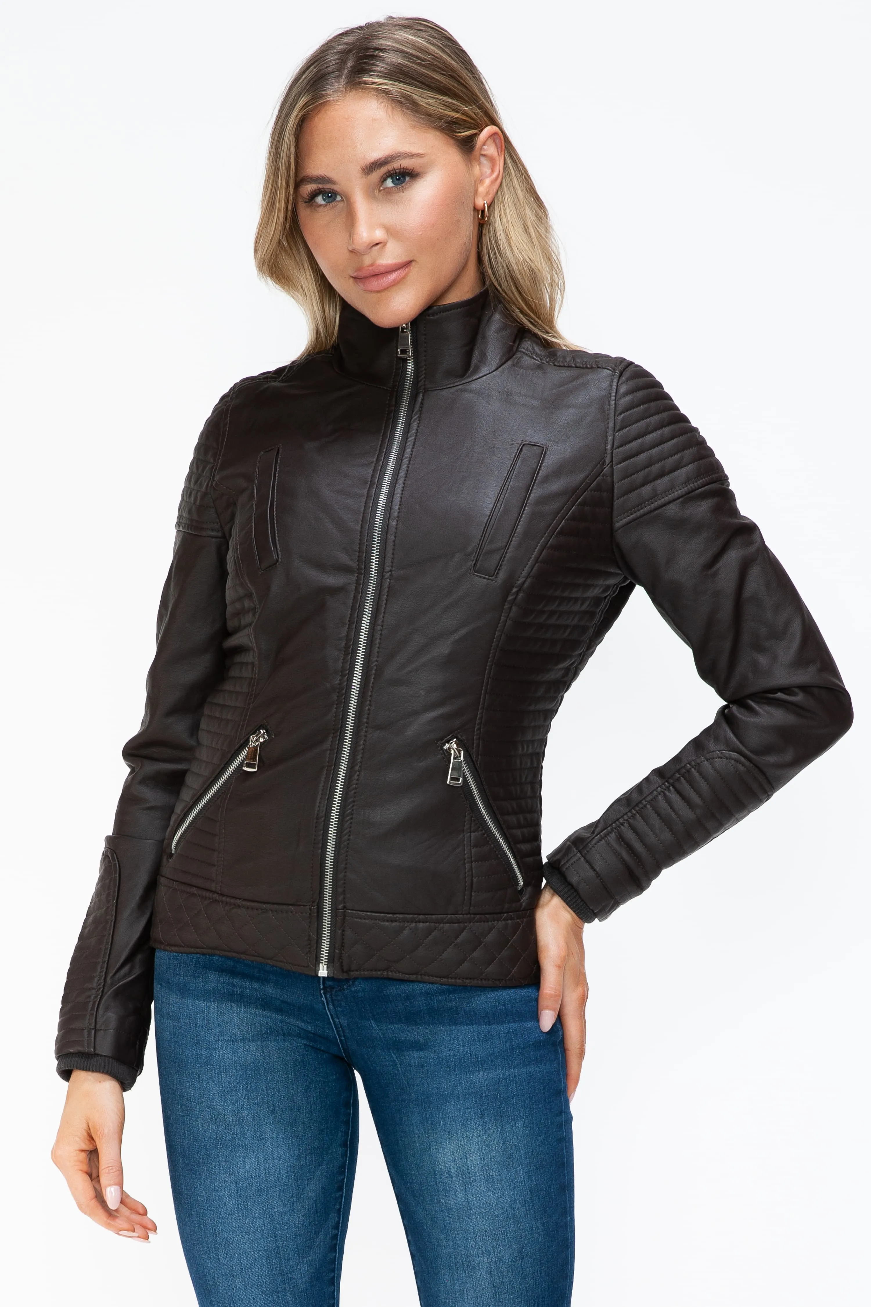 YMI Faux Layered Double-Zipper Faux Leather Jacket with Fuzzy Hood