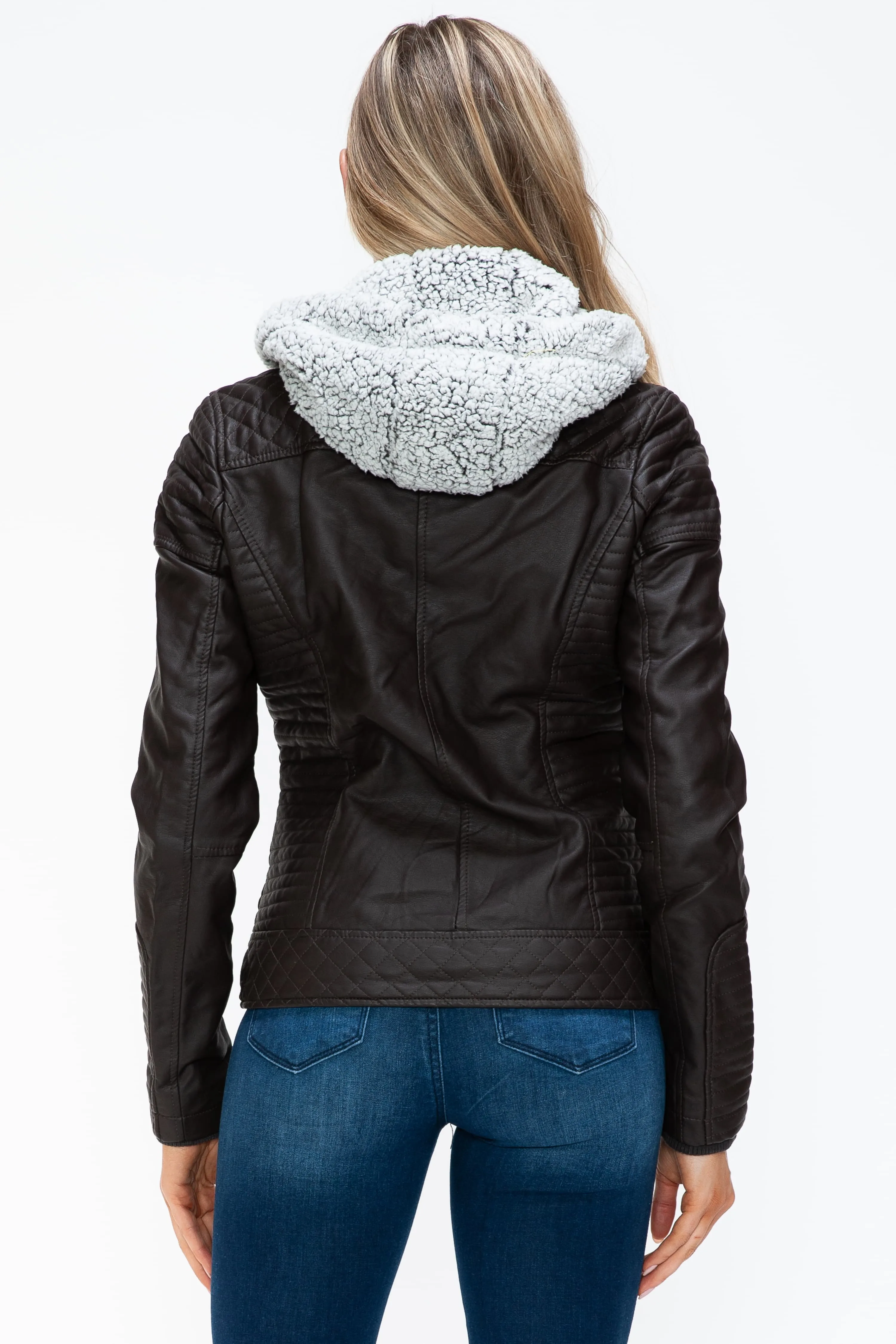 YMI Faux Layered Double-Zipper Faux Leather Jacket with Fuzzy Hood