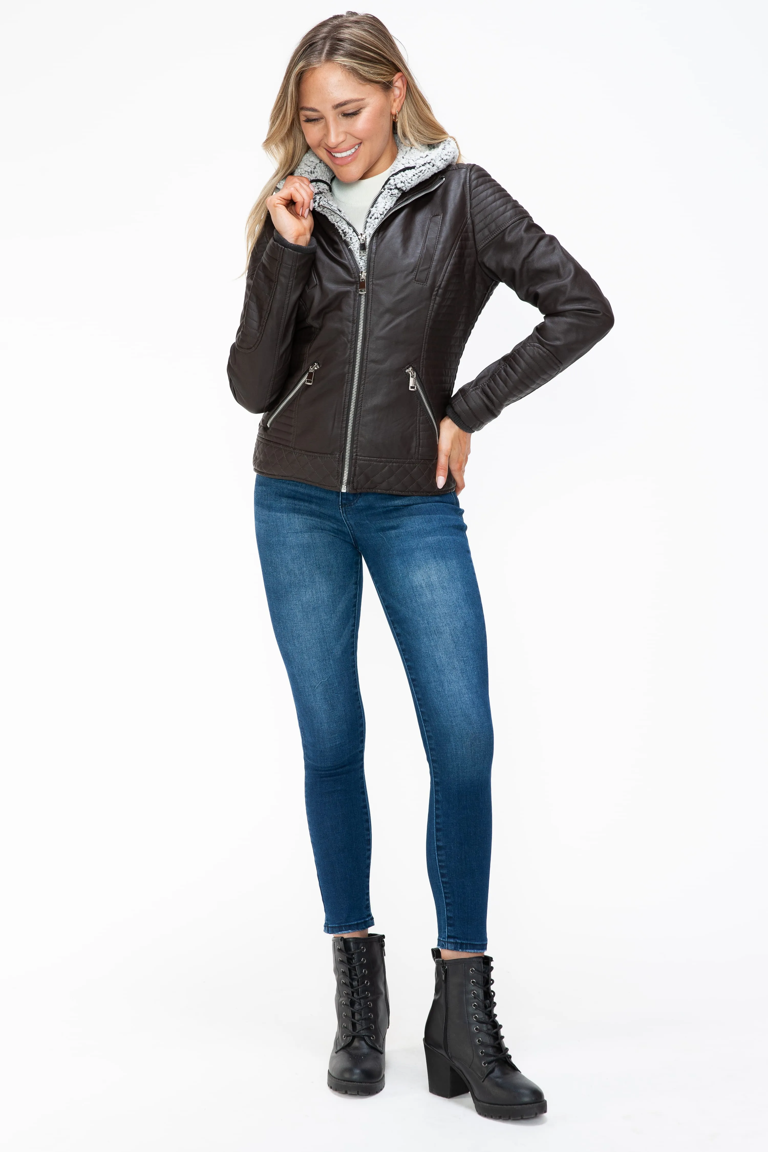 YMI Faux Layered Double-Zipper Faux Leather Jacket with Fuzzy Hood