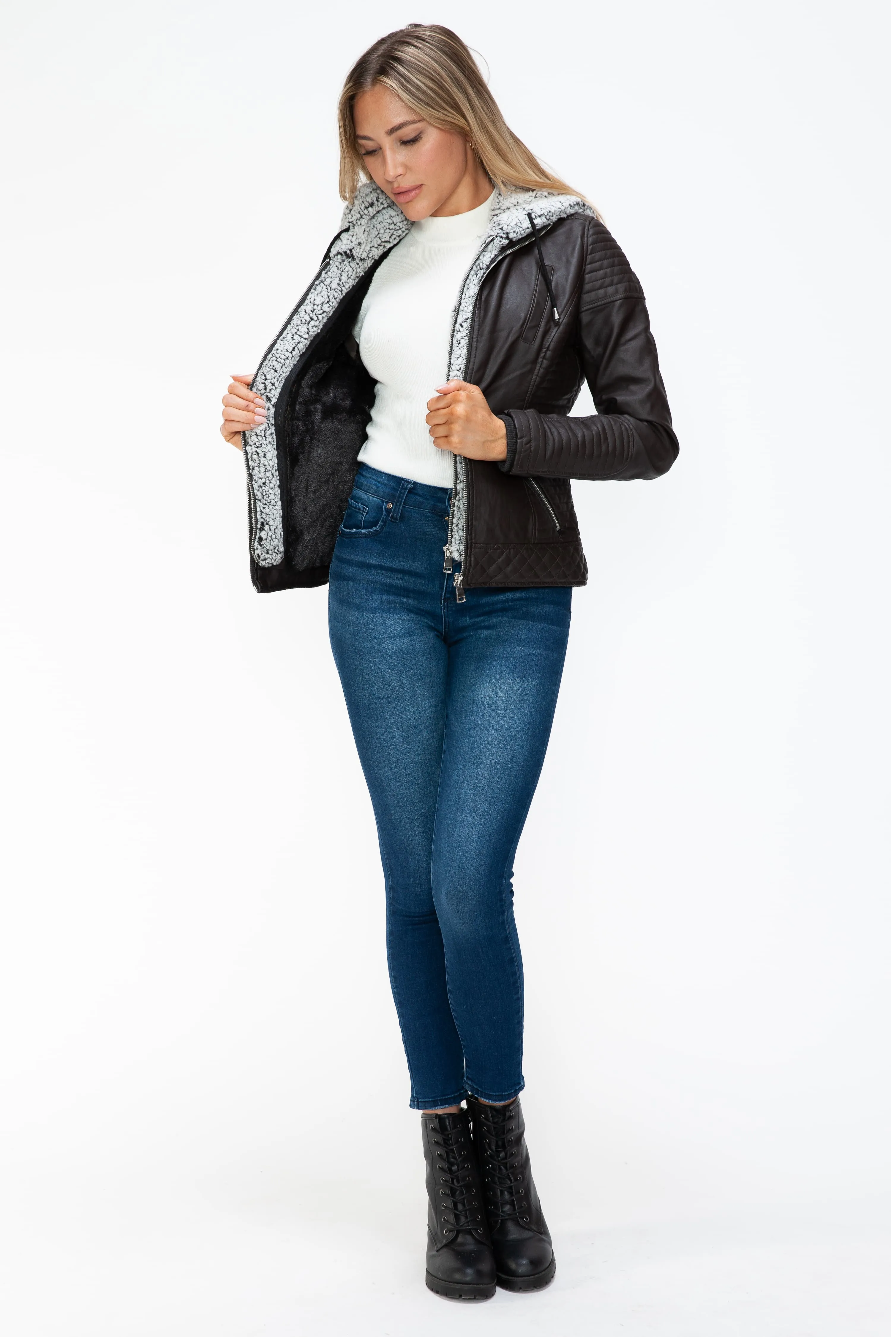 YMI Faux Layered Double-Zipper Faux Leather Jacket with Fuzzy Hood