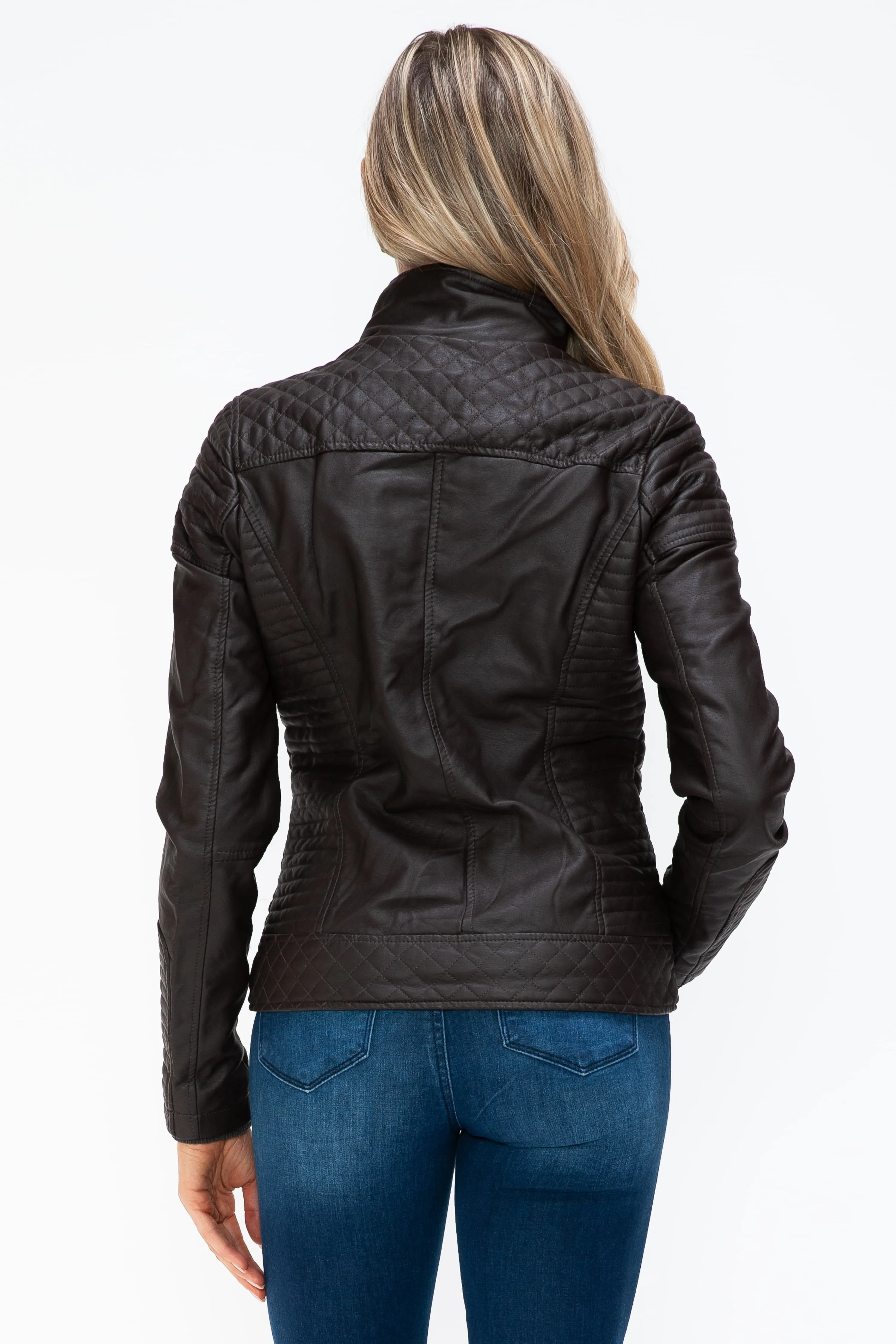 YMI Faux Layered Double-Zipper Faux Leather Jacket with Fuzzy Hood