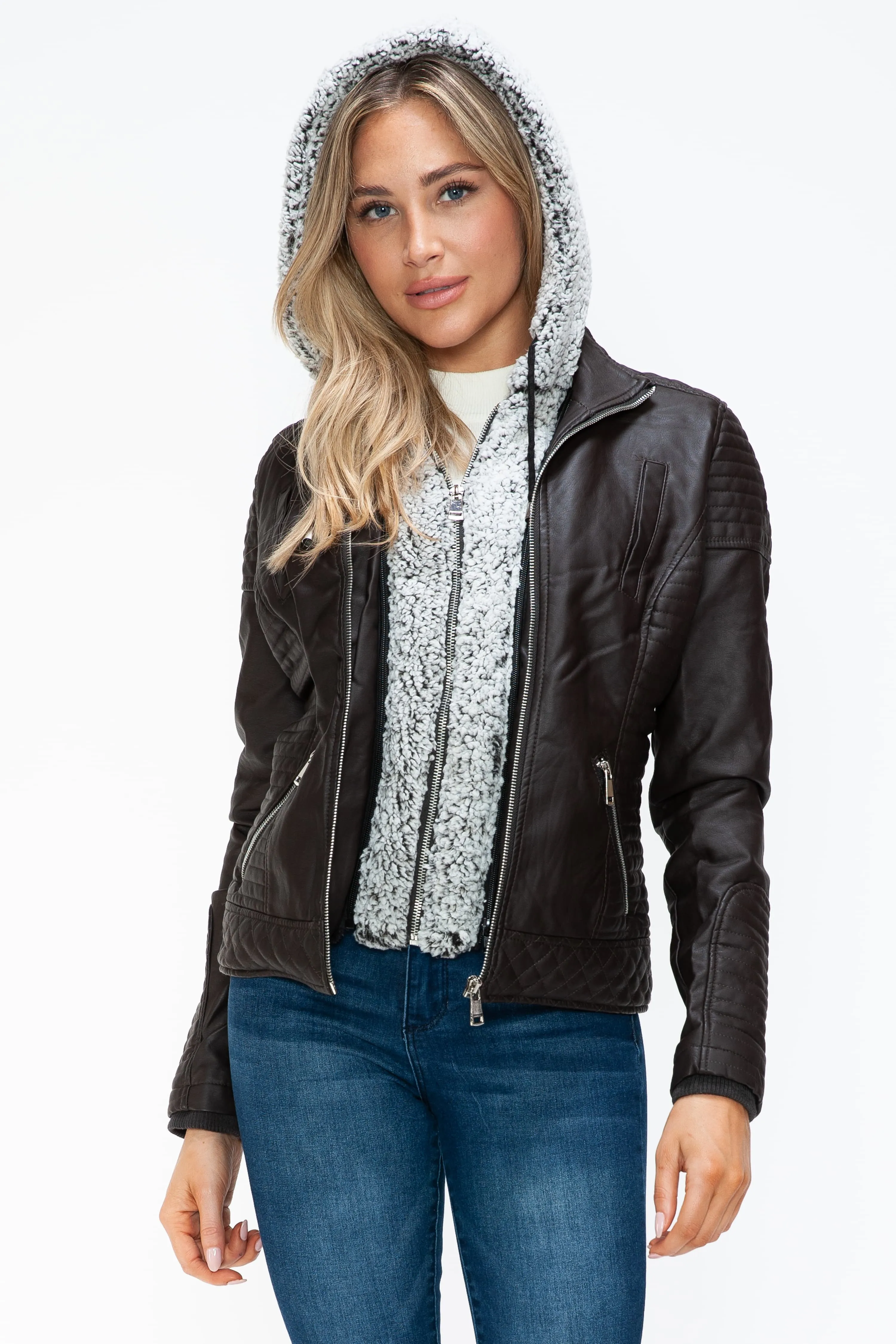 YMI Faux Layered Double-Zipper Faux Leather Jacket with Fuzzy Hood
