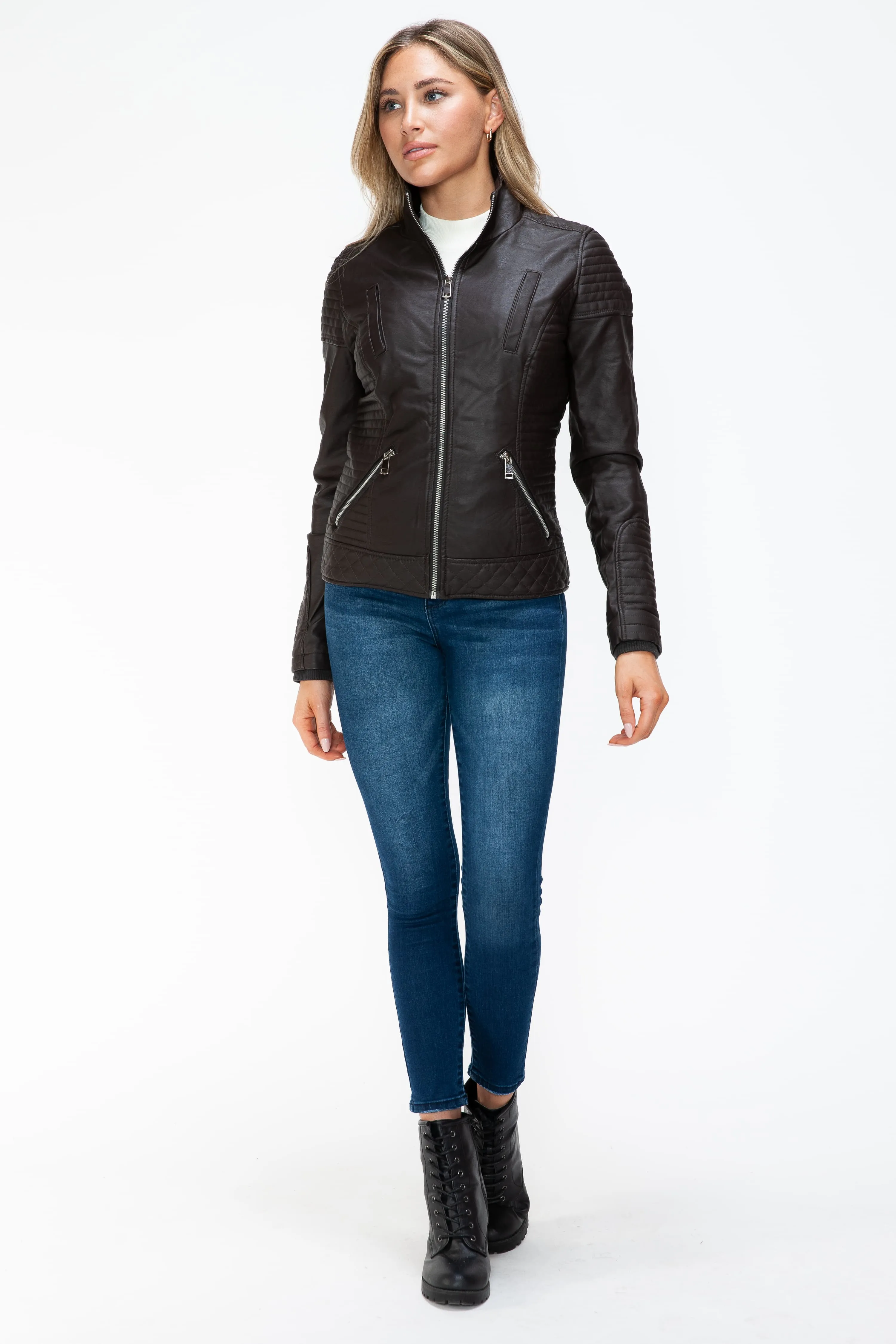 YMI Faux Layered Double-Zipper Faux Leather Jacket with Fuzzy Hood