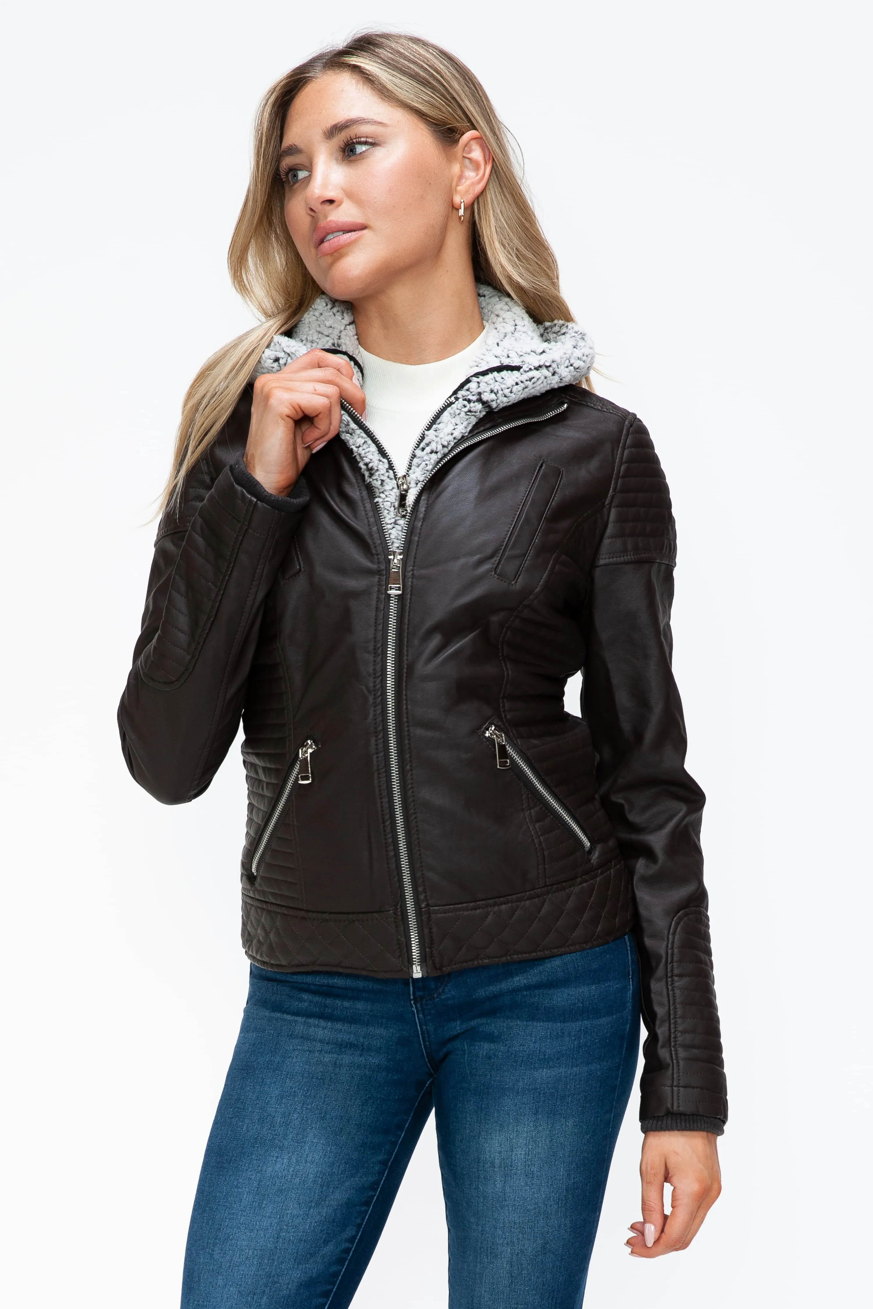 YMI Faux Layered Double-Zipper Faux Leather Jacket with Fuzzy Hood
