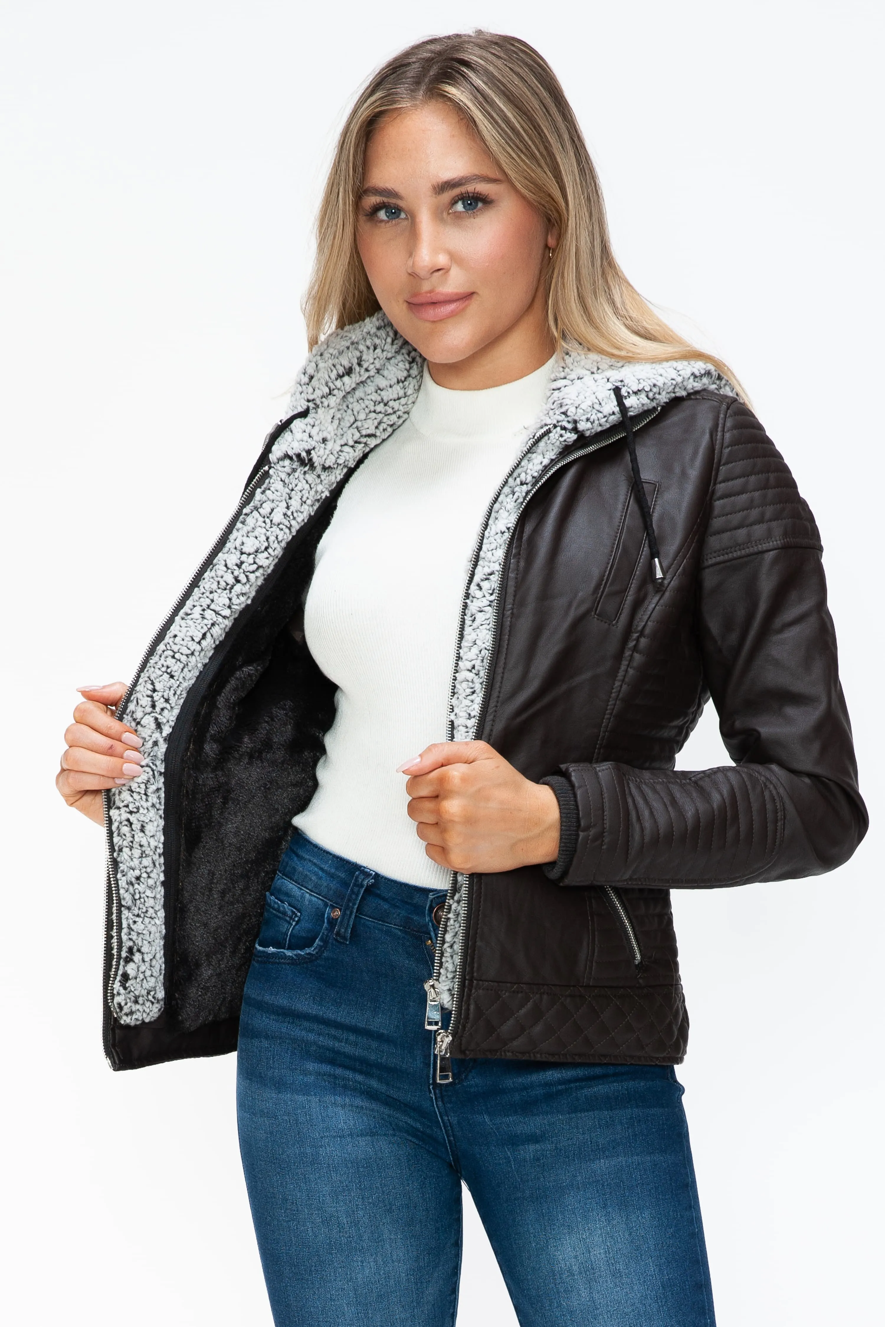 YMI Faux Layered Double-Zipper Faux Leather Jacket with Fuzzy Hood