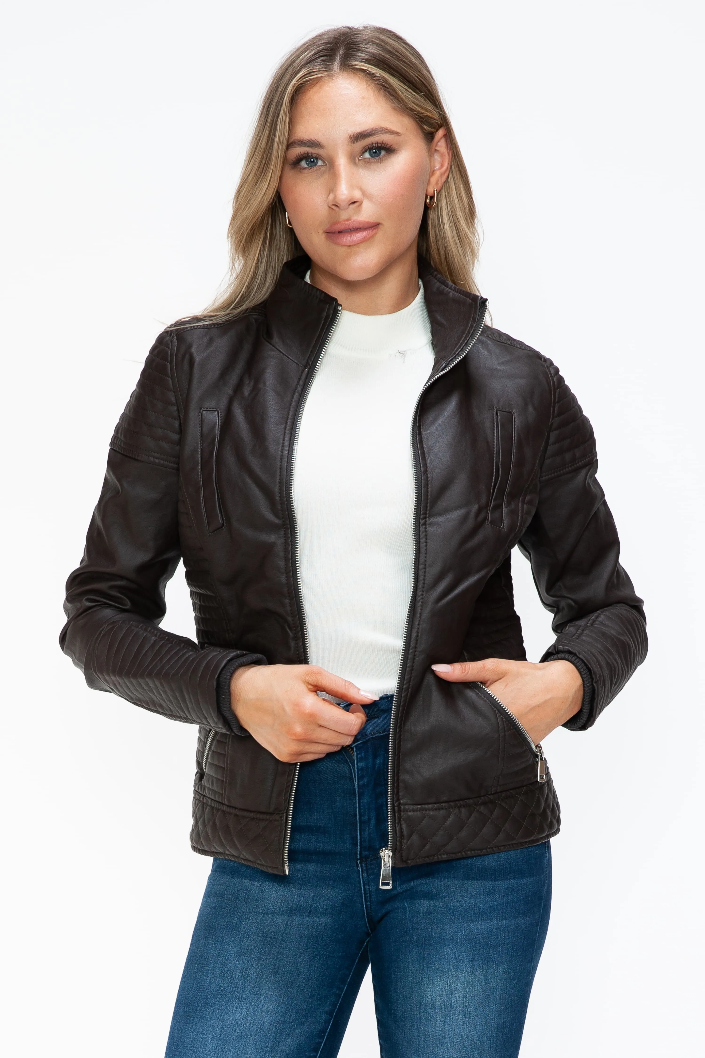 YMI Faux Layered Double-Zipper Faux Leather Jacket with Fuzzy Hood