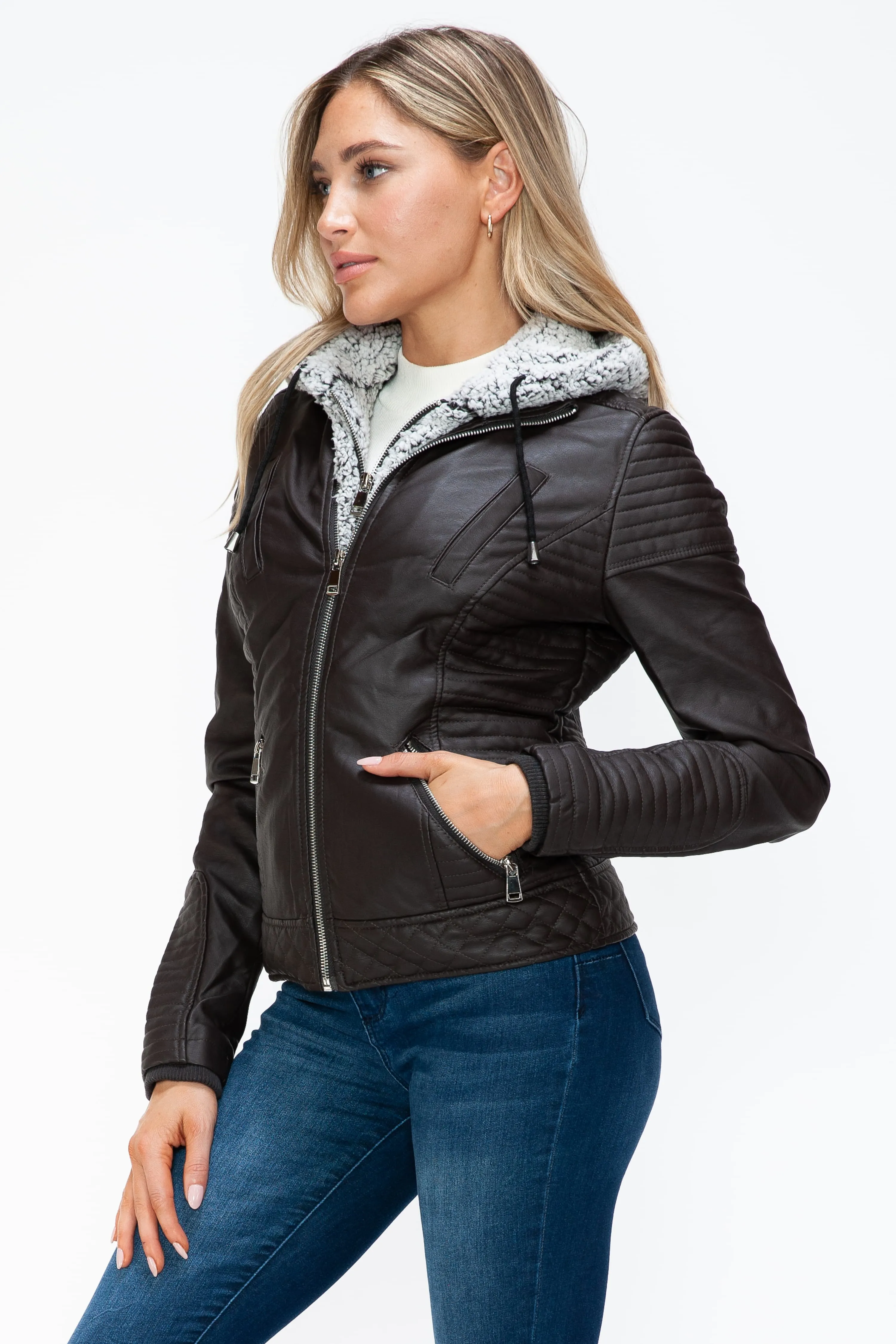 YMI Faux Layered Double-Zipper Faux Leather Jacket with Fuzzy Hood