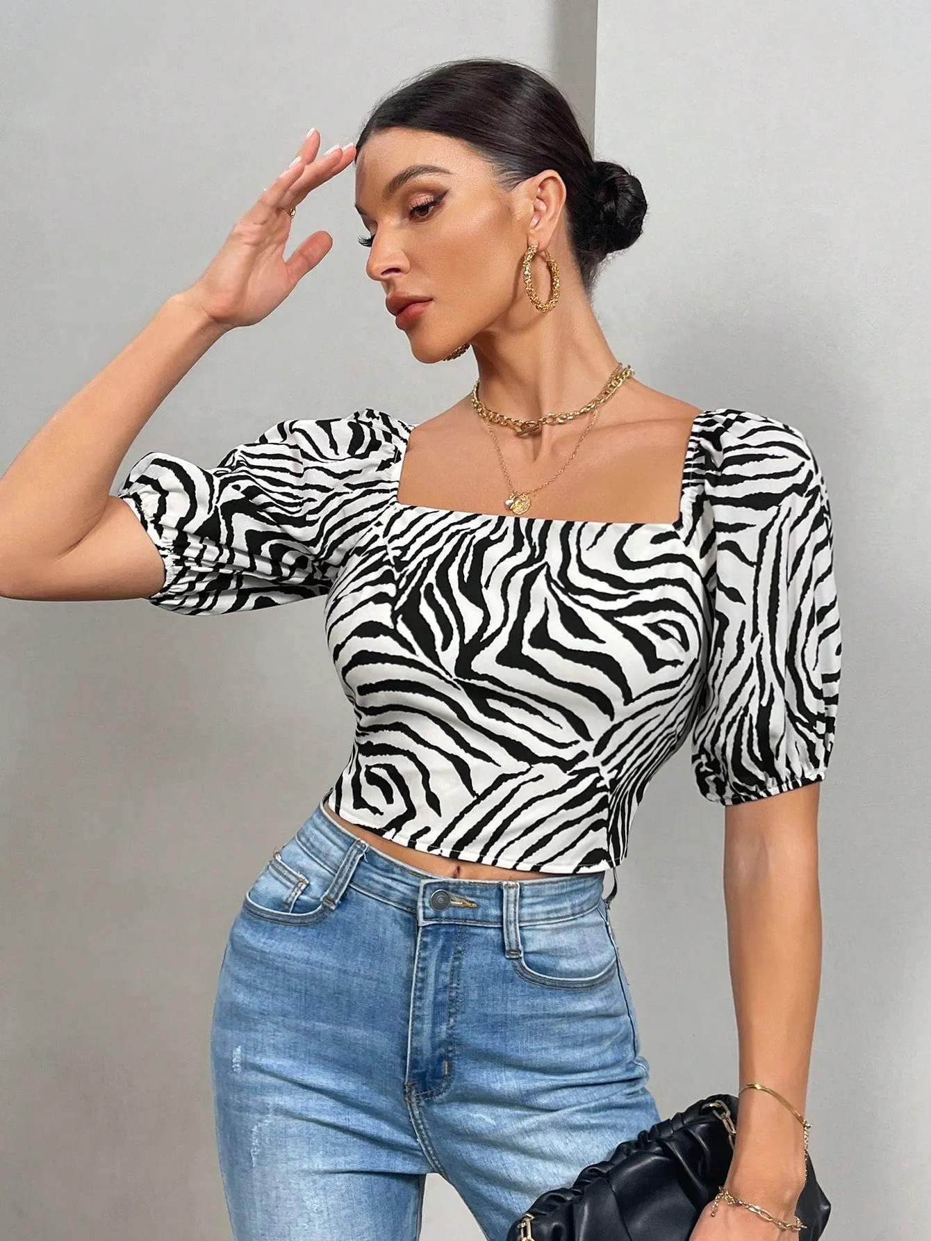 Zebra Striped Tie Back Crop Blouse