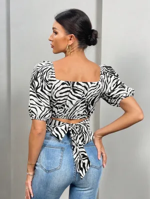 Zebra Striped Tie Back Crop Blouse