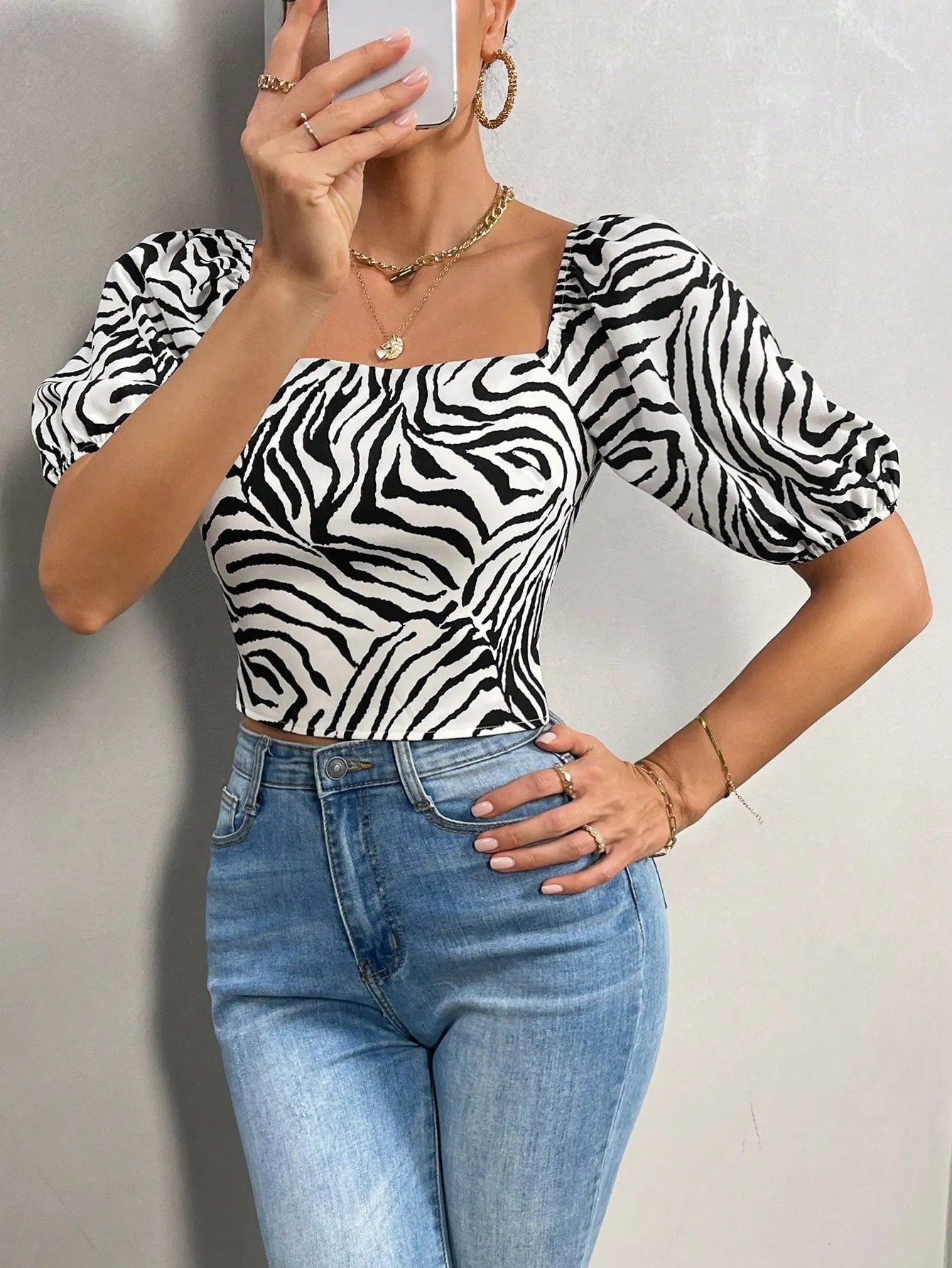 Zebra Striped Tie Back Crop Blouse
