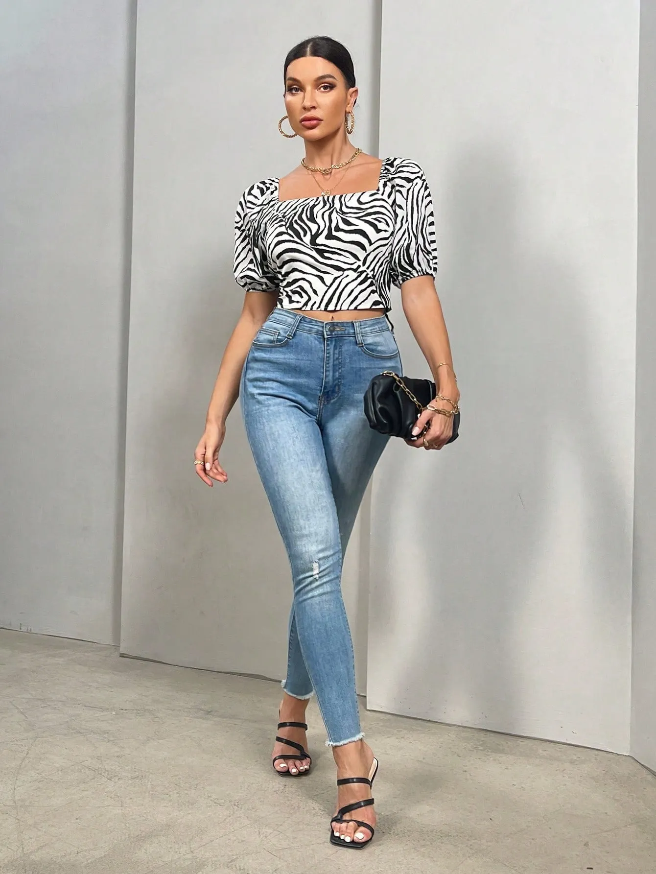 Zebra Striped Tie Back Crop Blouse